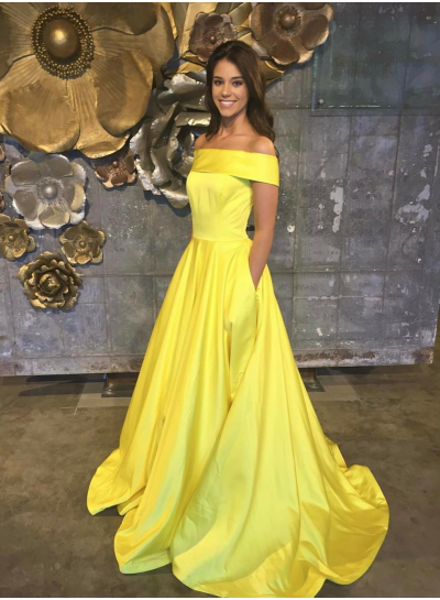 2024 Satin A-Line/Princess Yellow Off The Shoulder Prom Dresses