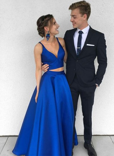 A-Line/Princess Satin Royal Blue Satin Two Pieces 2024 Prom Dresses