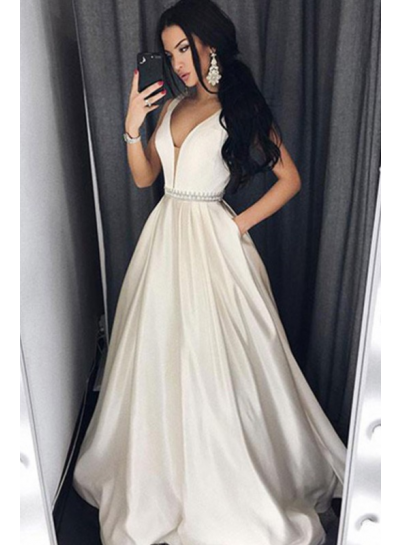 A-Line/Princess Sweetheart Satin Ivory Prom Dresses 2024