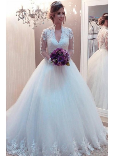 Elegant Ball Gown V Neck Long Sleeves Tulle 2024 Wedding Dresses With Appliques