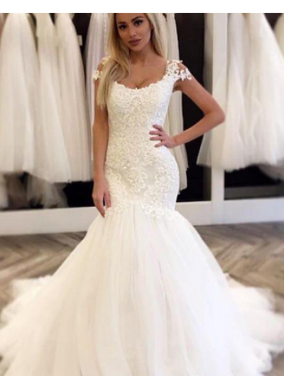 Attractive Mermaid Tulle Wedding Dresses 2024 With Capped Sleeves