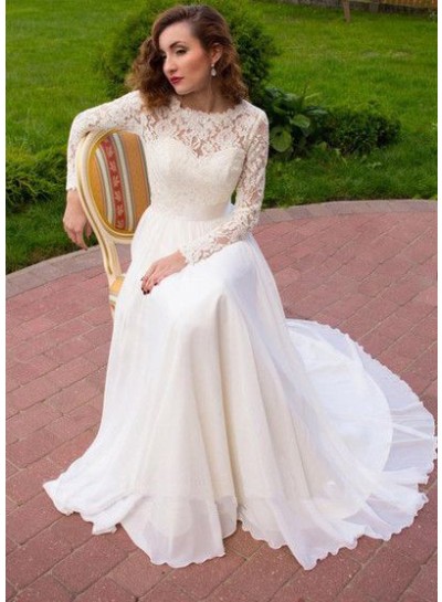 2024 New A Line Chiffon Long Sleeves Lace Wedding Dresses
