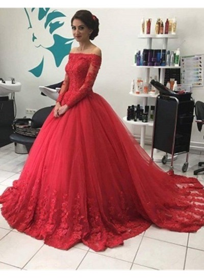2024 Gorgeous Red Long Sleeve Off-the-Shoulder Lace Natural Ball Gown Tulle Prom Dresses