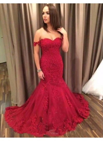 Sexy Trumpet/Mermaid 2024 Sweetheart Red Lace Prom Dresses