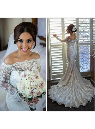 2024 Sexy Mermaid Off The Shoulder Lace Long Train Wedding Dresses