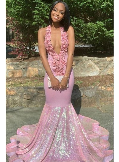 Halter Mermaid Pink Prom Dresses 2024