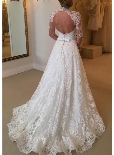 Lace Court Train A-Line/Princess Long Sleeve Sweetheart Covered Button Wedding Dresses / Gowns With Appliqued Waistband