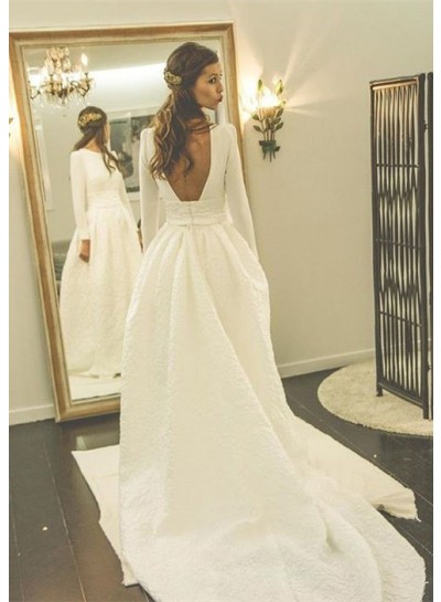 Satin Court Train A-Line/Princess Long Sleeve Bateau Zipper Wedding Dresses / Gowns With Appliqued