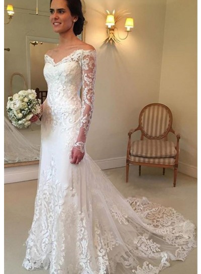 Tulle Court Train Sheath/Column Long Sleeve Off-The-Shoulder Covered Button Wedding Dresses / Gowns With Appliqued