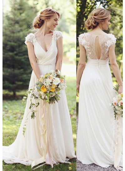 Chiffon Sweep Train A-Line/Princess Sleeveless V-Neck Covered Button Wedding Dresses / Gowns With Flowers