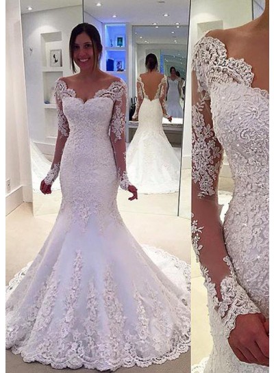 Lace Sweep Train Trumpet/Mermaid Long Sleeve Sweetheart Covered Button Wedding Dresses / Gowns With Appliqued