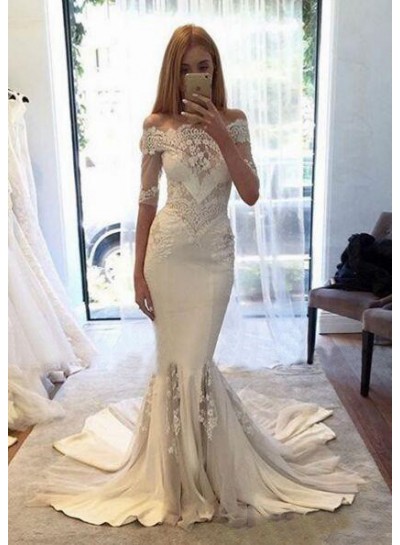Chiffon Wedding Dresses / Gowns A-Line/Princess Off-The-Shoulder Court Train With Appliqued