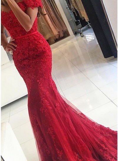 2024 Gorgeous Red Sexy Appliques Mermaid/Trumpet Tulle Prom Dresses