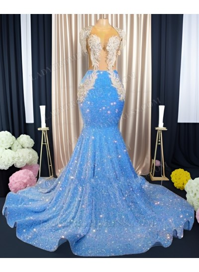Blue Mermaid Sweetheart Beaded Sequins Long Prom Dresses 2024