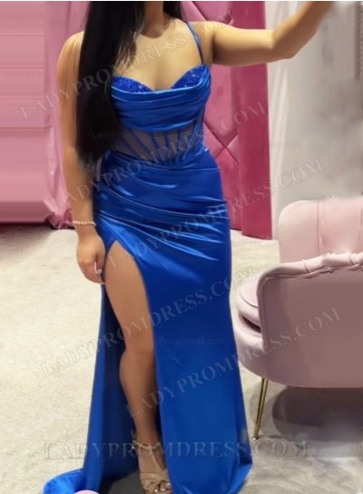 Spaghetti Straps Sweetheart Beaded Royal Blue Floor Length Side Slit Prom Dresses