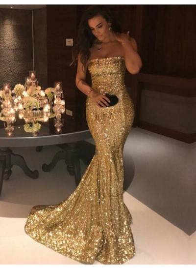 2024 Gorgeous Gold Sequins Mermaid Prom Dresses