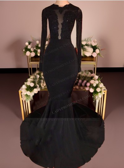 2024 Unique Black Long Sleeves Mermaid Backless Prom Dresses