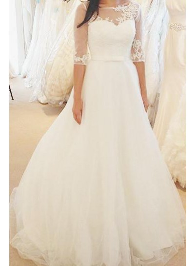 2024 Elegant A Line Half Sleeves Tulle Wedding Dresses