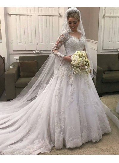2024 Classic A Line Long Sleeves Sweetheart With Long Train Wedding Dresses