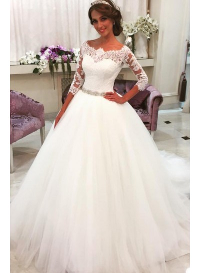Princess Off The Shoulder Sleeves Tulle With Lace Ball Gown Wedding Dresses