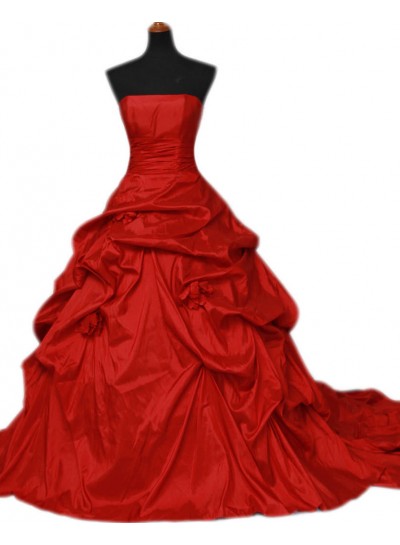 Red Strapless Taffeta Ruffles Ball Gown 2024 Wedding Dresses