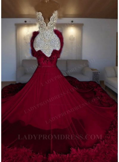 Burgundy One Shoulder Tulle Beaded Mermaid Prom Dresses with Feathers