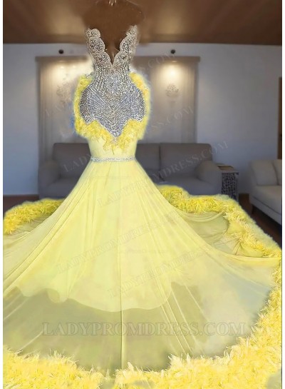 Daffodil One Shoulder Tulle Beaded Mermaid Prom Dresses with Feathers