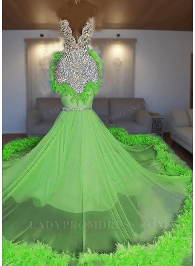 Lime Green One Shoulder Tulle Beaded Mermaid Prom Dresses with Feathers