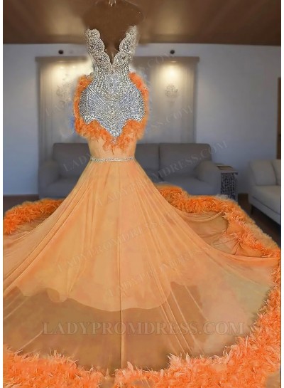Orange One Shoulder Tulle Beaded Mermaid Prom Dresses with Feathers