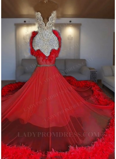 Red One Shoulder Tulle Beaded Mermaid Prom Dresses with Feathers