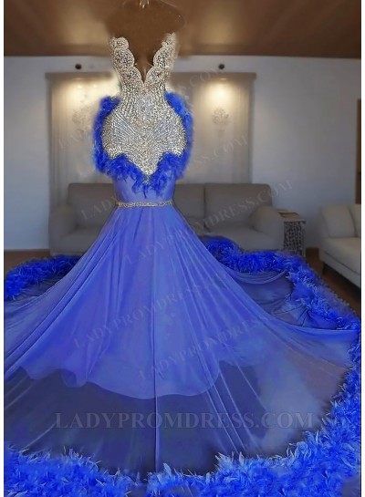 Royal Blue One Shoulder Tulle Beaded Mermaid Prom Dresses with Feathers