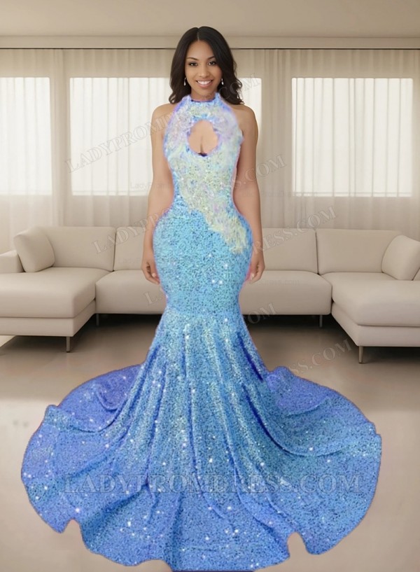 Blue Halter Sequins Long Mermaid Prom Dresses 2026 Blue Halter Sequins Long Mermaid Prom Dresses 2026