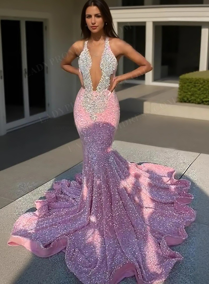 african american prom dress Halter Pink Mermaid Sequins Beaded African American Prom Dresses 2026