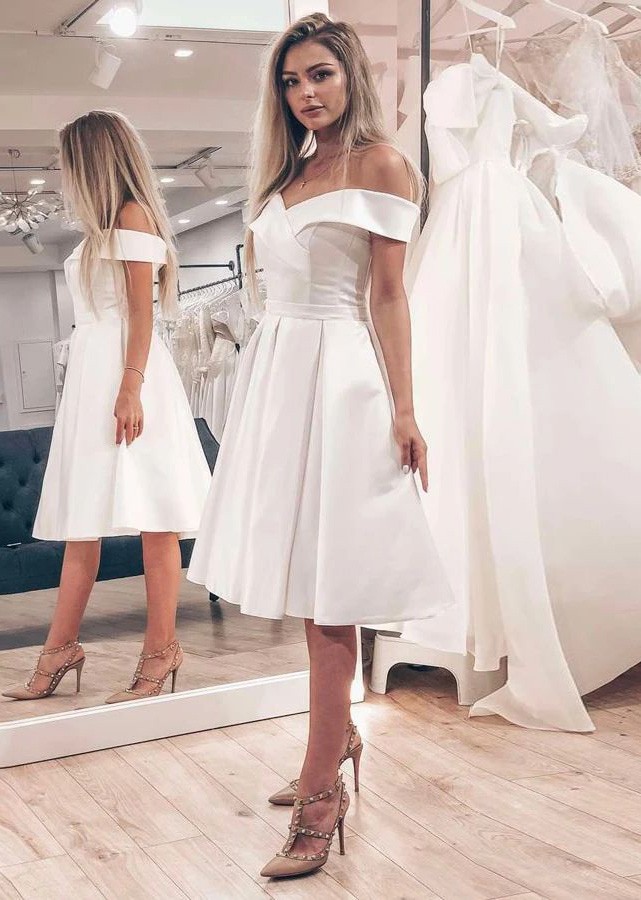 A Line Off Shoulder Knee Length Satin Short Wedding Dresses 2024