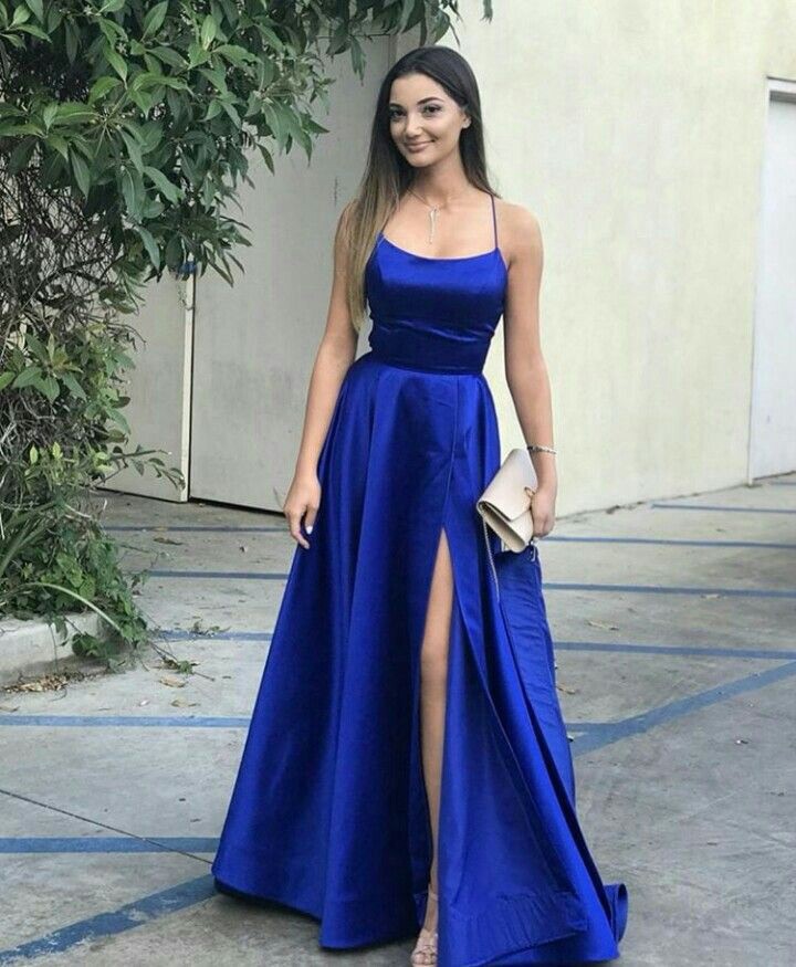 A Line Royal Blue Halter Side Slit Silk Like Satin 2024 Prom Dresses