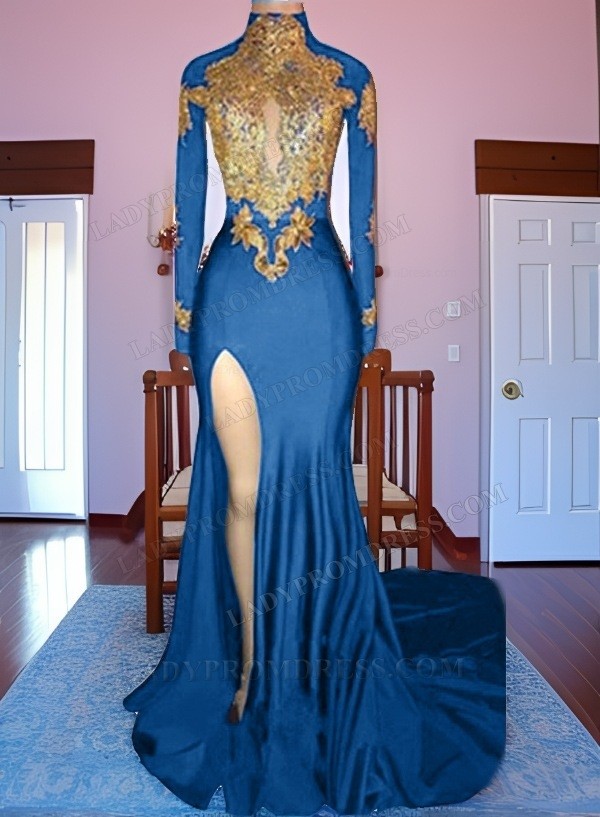 Charming African Royal Blue Side Slit Sheath Long Sleeves Prom Dresses ...