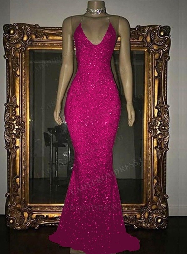 2024 Pink Halter Sequins Prom Dresses