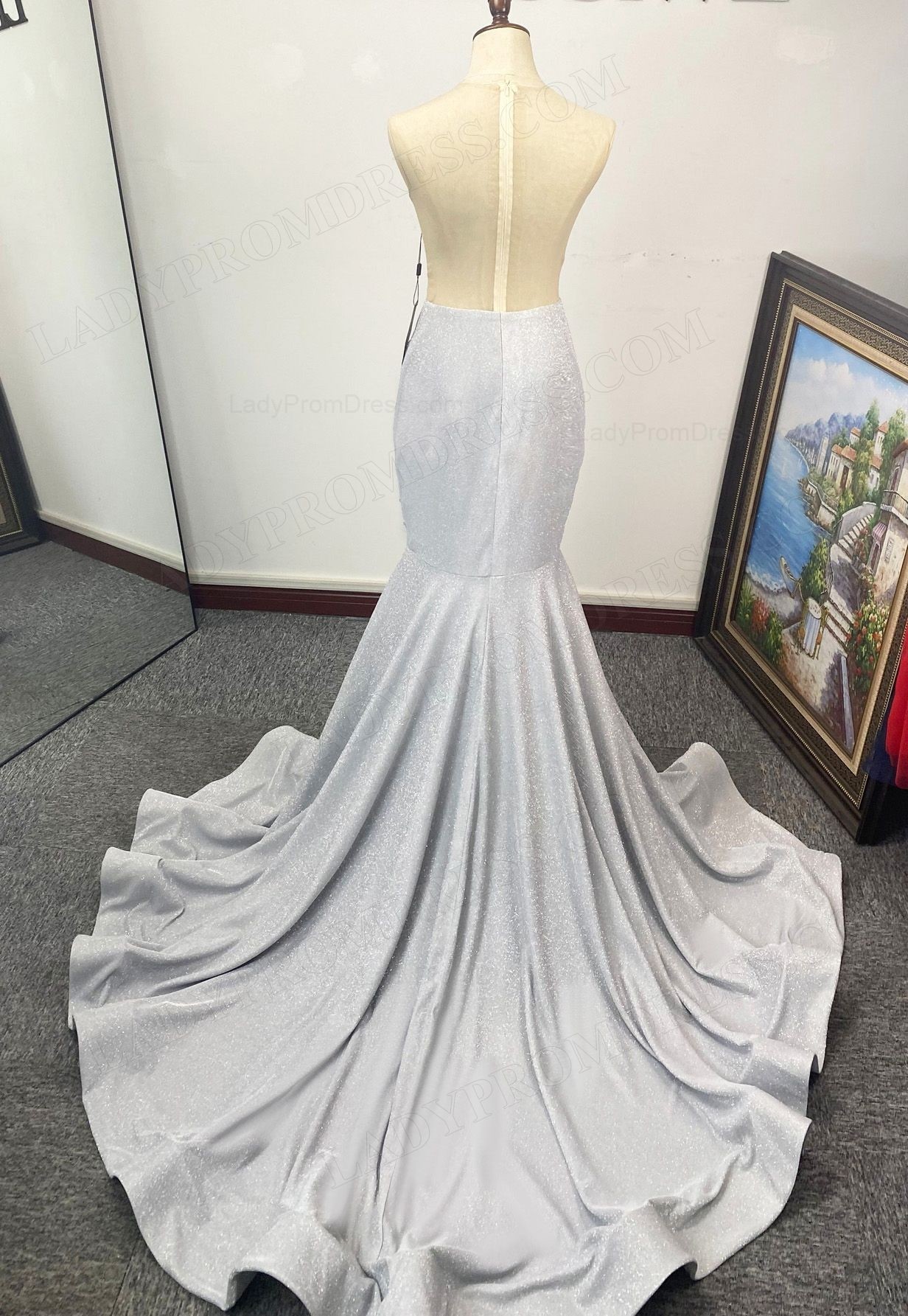 V-neck Silver Mermaid Beading Prom Dresses