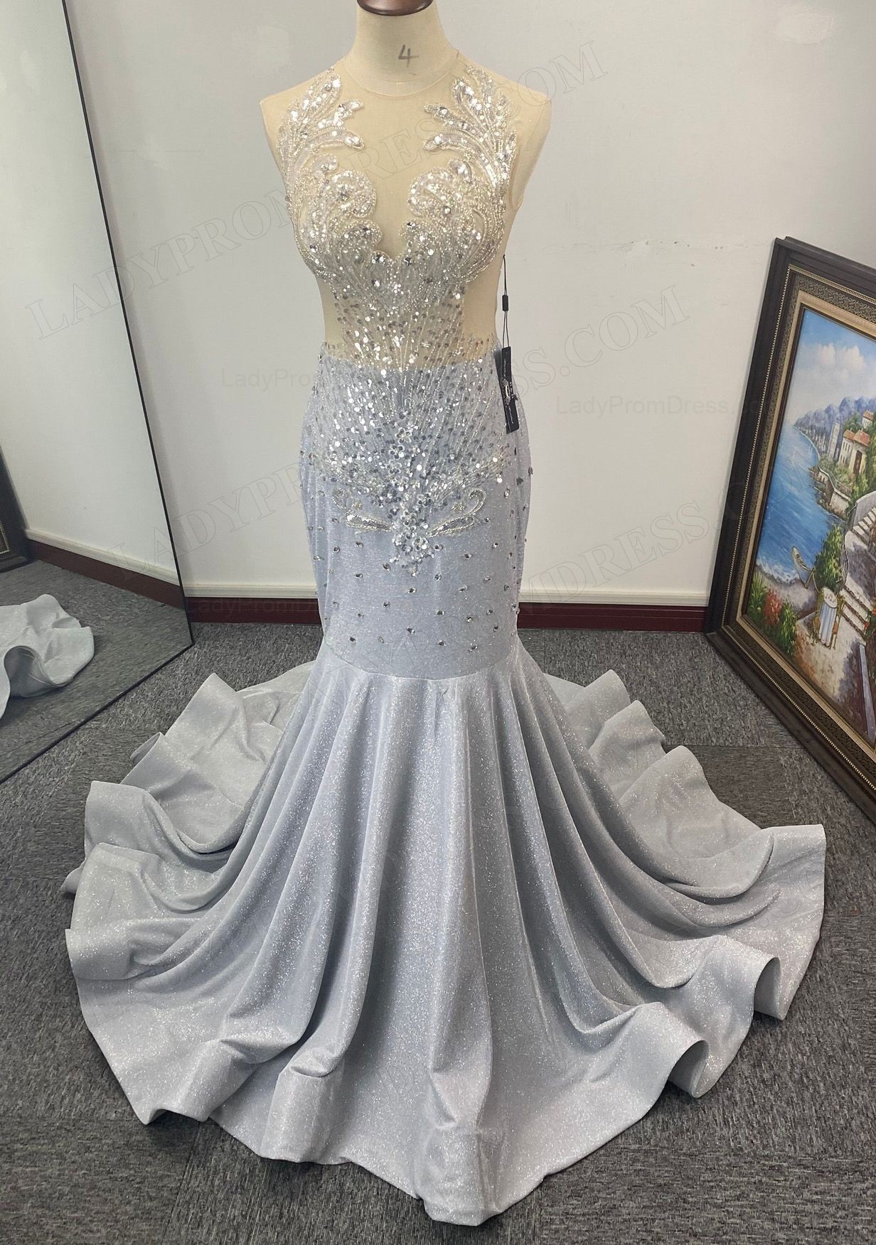V-neck Silver Mermaid Beading Prom Dresses