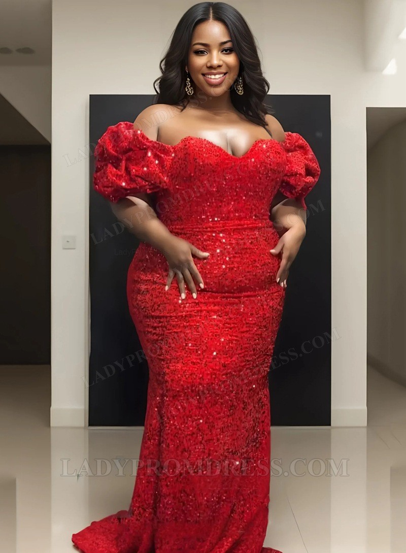 Red Sequence 2025 Plus Size Off Shoulder Long Prom Dresses With Ruffles