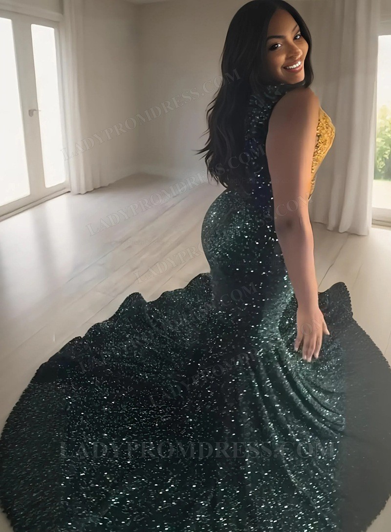 2025 Mermaid Hunter With Gold Appliques Sequence Long Prom Dresses