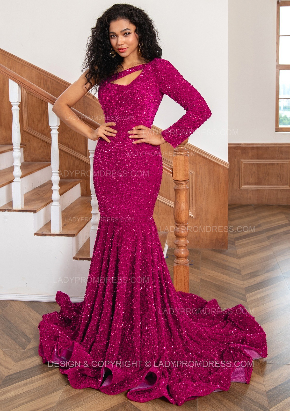 Simple Fuchsia One Shoulder Long Sleeve Mermaid Formal Evening Dress