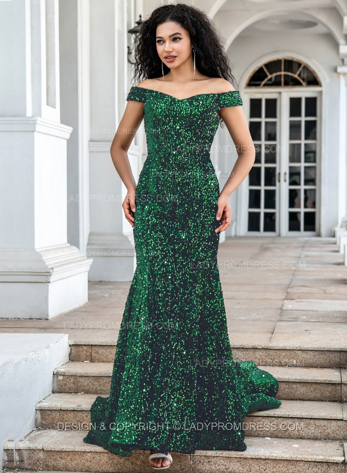 A-Line Off-the-Shoulder Floor-Length Emerald Satin Prom Dress with Decorative Button Detail main image 1