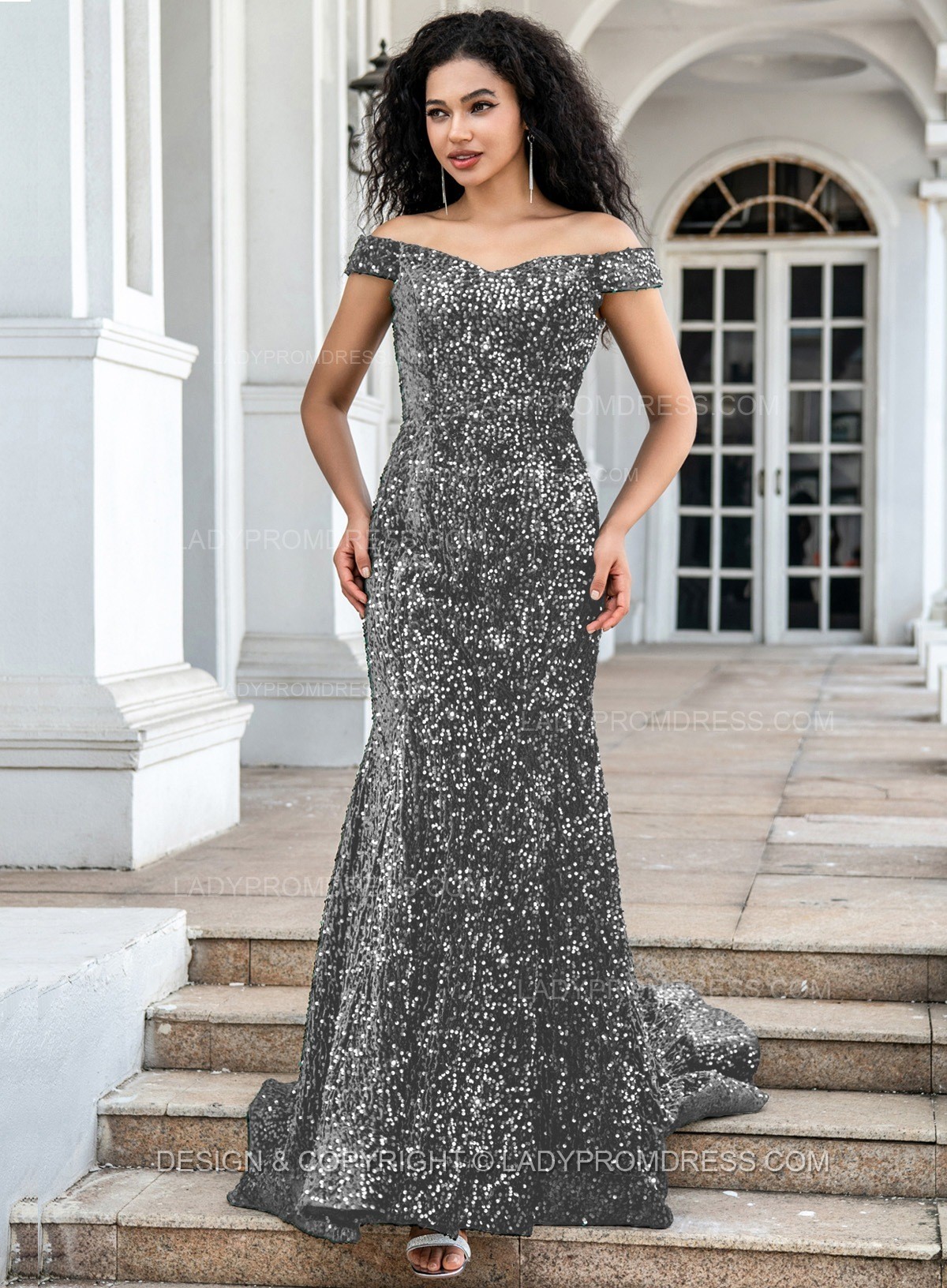 white christmas dresses Classic One-Shoulder Sequin Party Dress with Peacock Pattern Design Royal Blue / S main image 0