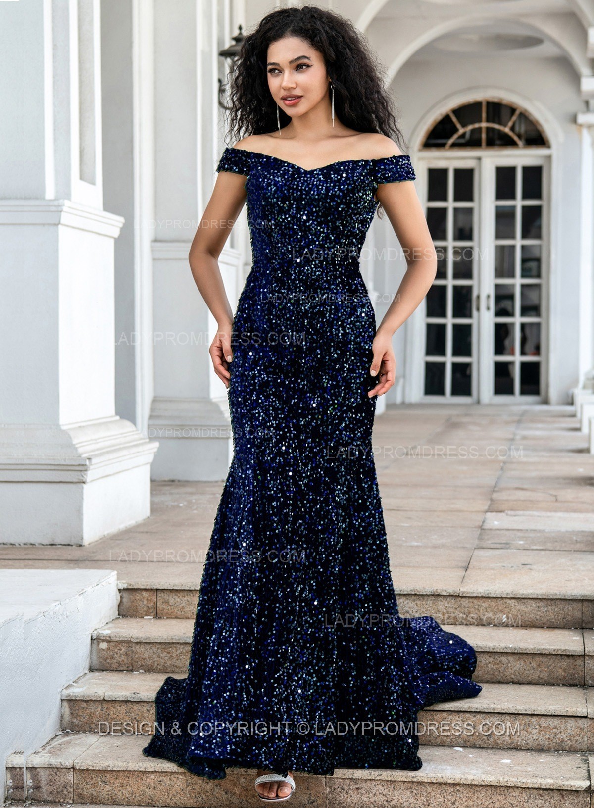 Navy Blue Sequence Long Off The Shoulder Long Prom Dresses