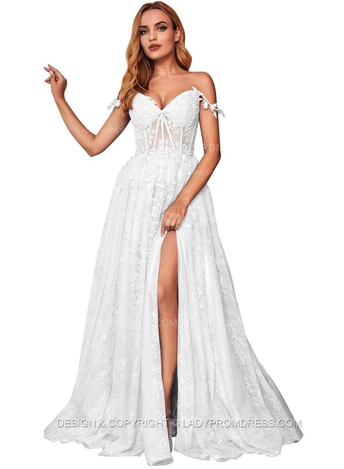 Off the Shoulder Tulle White Appliques Prom Dress LBQ0641