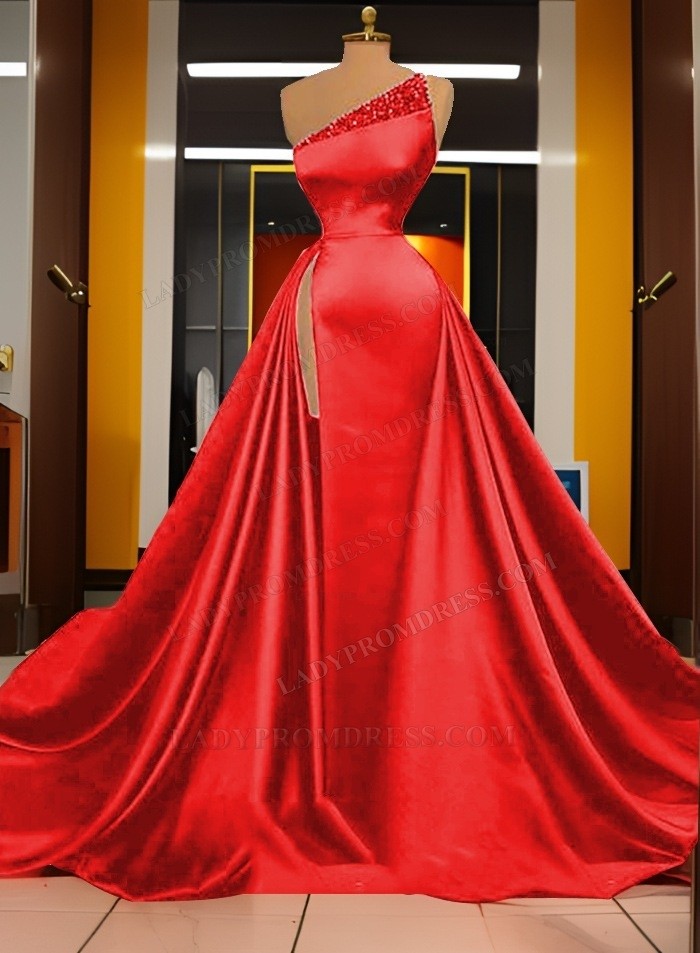 A-Line Red Satin Side Slit Long Prom Dresses C259