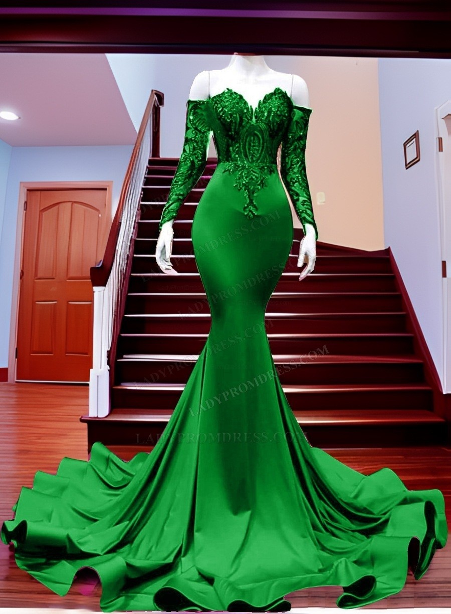 2025 Mermaid Emerald Green Long Sleeves Off Shoulder Prom Dresses With Appliques 4077