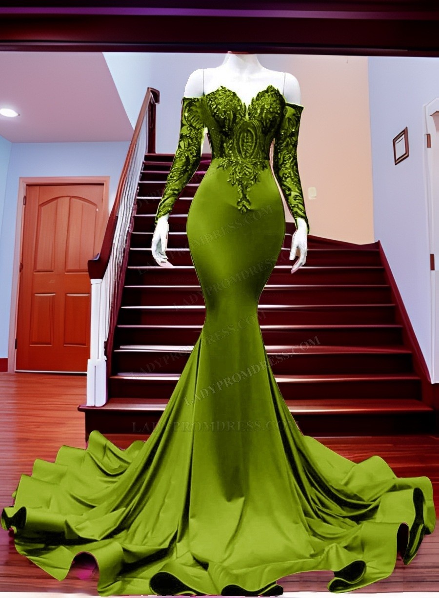 2024 Mermaid Emerald Green Long Sleeves Off Shoulder Prom Dresses With   24pd22806 Green 