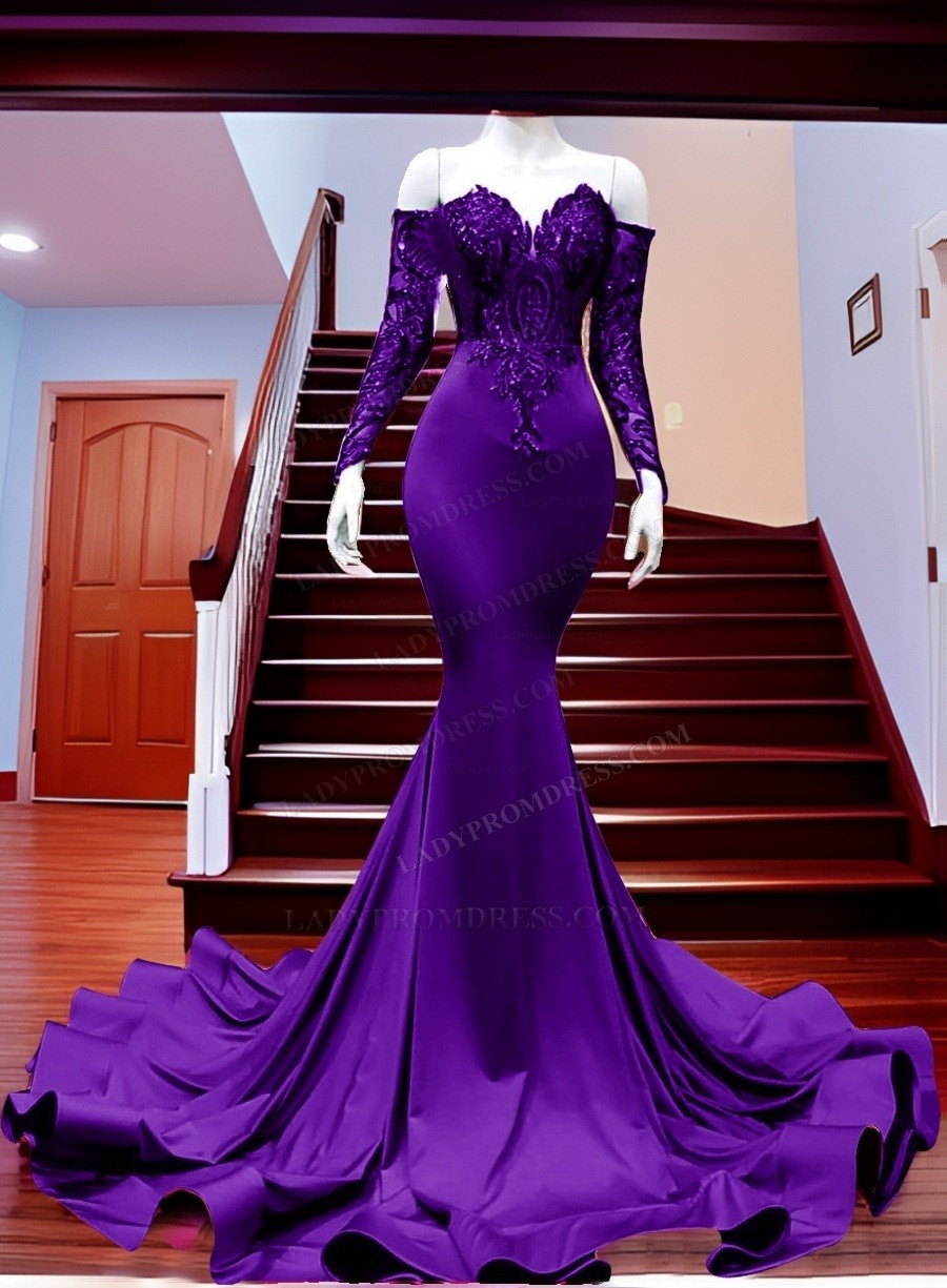 2024 Mermaid Emerald Green Long Sleeves Off Shoulder Prom Dresses With   24pd22806 Purple 